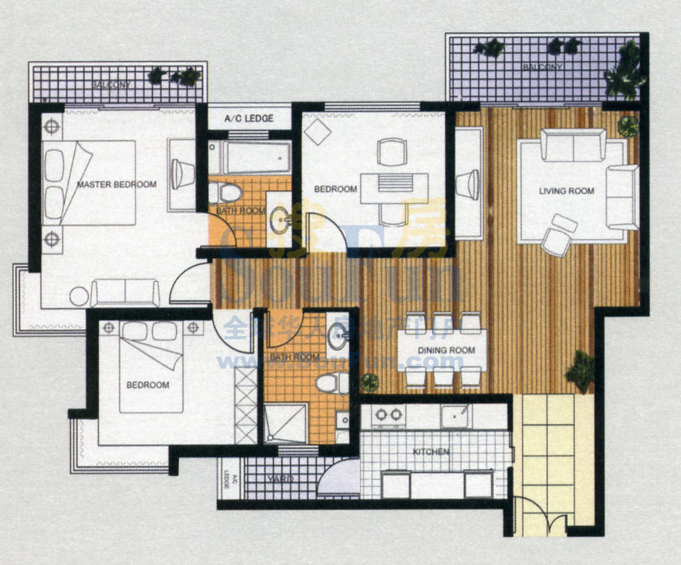 御庭国际公寓户型图 3室2厅2卫1厨 0.00㎡