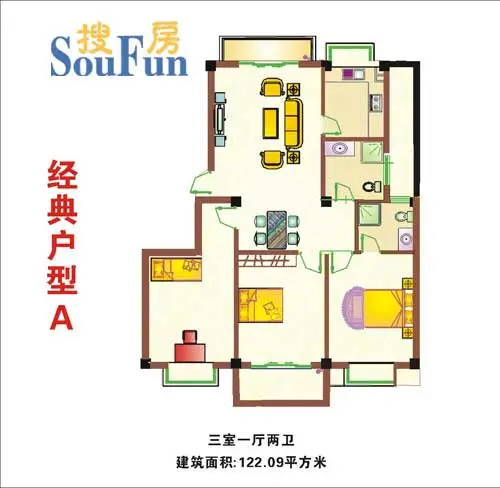 鄂发花园A户型 3室1厅2卫0厨 122.09㎡