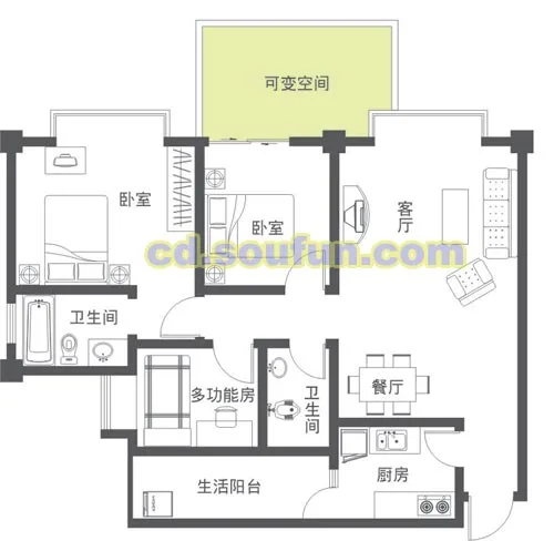 武侯国际花园户型图 3室2厅2卫1厨 105.00㎡