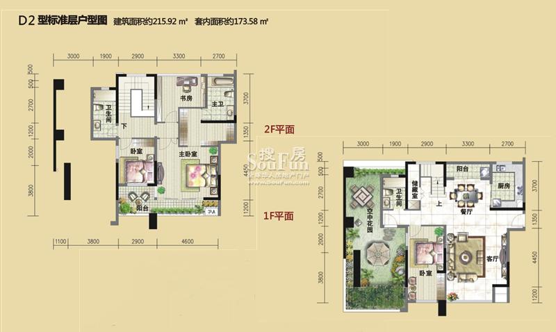珠江国际花园D2型标准层 4室2厅2卫1厨 215.92㎡