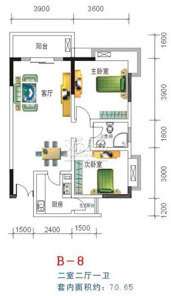 渝复新城丽都B-8 2室2厅1卫1厨 70.65㎡