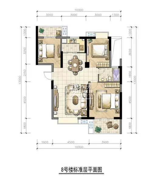 众鑫城上城8号楼标准层 3室2厅1卫1厨 115.00㎡