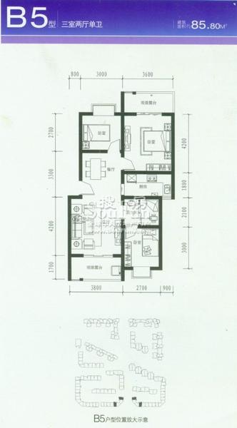 德坤汀城B5户型 3室2厅1卫1厨 85.80㎡
