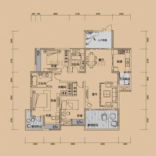 协信天骄城二期1号楼标准层c5户型3室2厅2卫1厨 119.40㎡