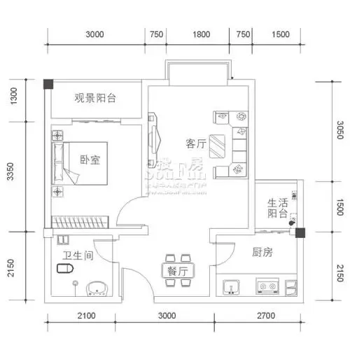 罗曼星城C型&nbsp;1室2厅1卫1厨 54.87㎡