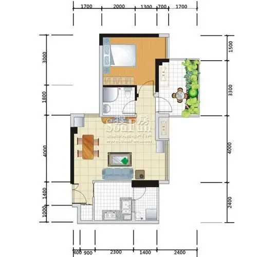 漫岭云天户型图&nbsp;1室2厅1卫1厨 55.88㎡