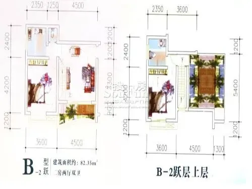 翰城国际B-2跃层户型&nbsp;2室2厅2卫1厨 82.35㎡