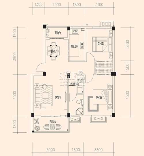前川欣城一期1栋标准层2A户型（已售罄） 2室2厅1卫1厨 88.62㎡