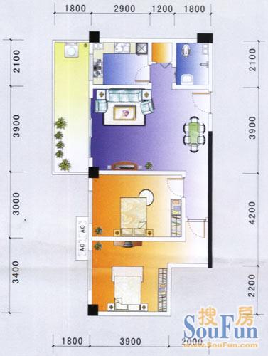 青年家园A户型 2室2厅1卫1厨 93.88㎡