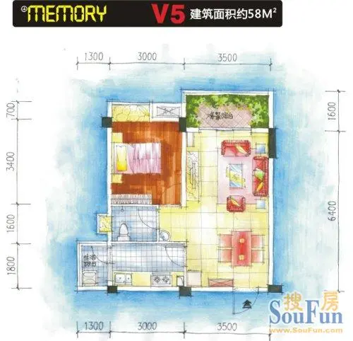 双楠忆景v5型 1室1厅1卫1厨 58.00㎡