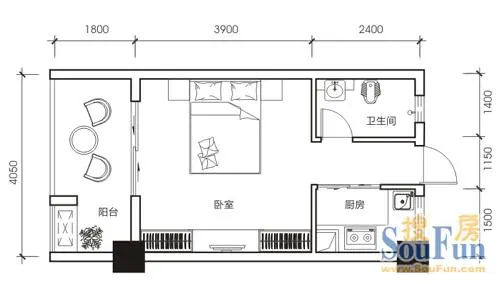 浅水80俊L2户型 1室1厅1卫1厨 39.60㎡