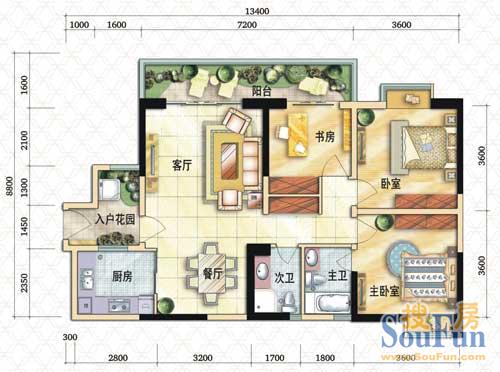 摩玛城三栋三单元标准层2＃户型 3室2厅2卫1厨 111.63㎡