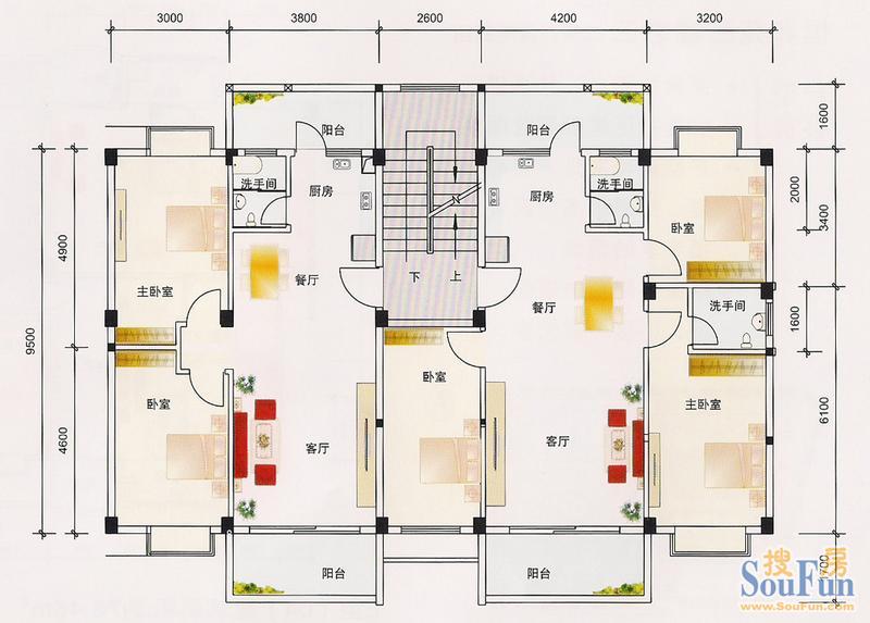 恒和苑二幢之三(二至六层平面图) 3室2厅2卫1厨 99.60㎡
