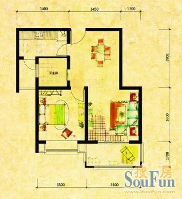 天华硅谷户型图 2室 1室2厅1卫1厨 65.00㎡