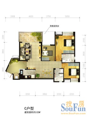 华置西锦城 论坛户型图房价动态微博 c型 3室2厅2卫1厨122㎡