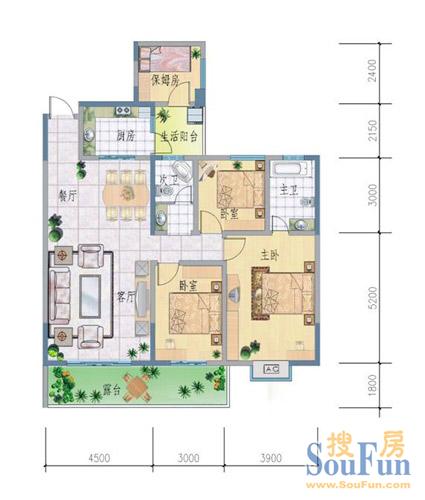 西郡兰庭一期2栋标准层F户型 4室2厅2卫1厨 135.49㎡