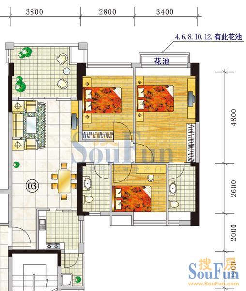 豪利花园三期城中荟顺景阁a栋2~14层03单位 3室2厅1卫1厨97.47