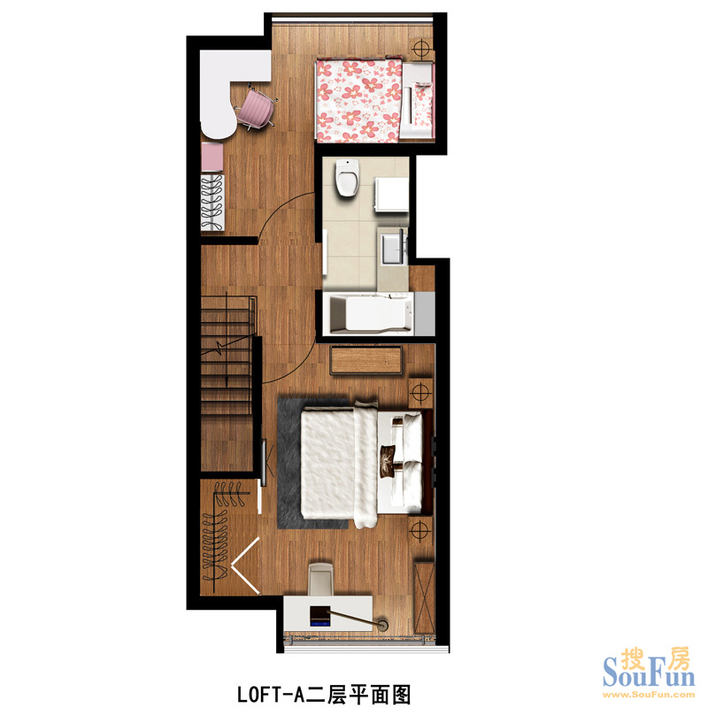 YOU盘时代公寓LOFT-A-二层平面图 2室2厅2卫1厨 50.00㎡