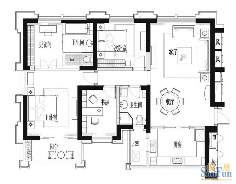 长江路九号户型图 3室 3室2厅2卫1厨 130.00㎡