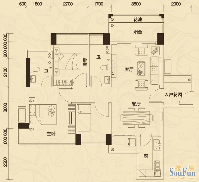 花城广场1栋玫瑰苑01号 3室2厅2卫0厨 96.40㎡