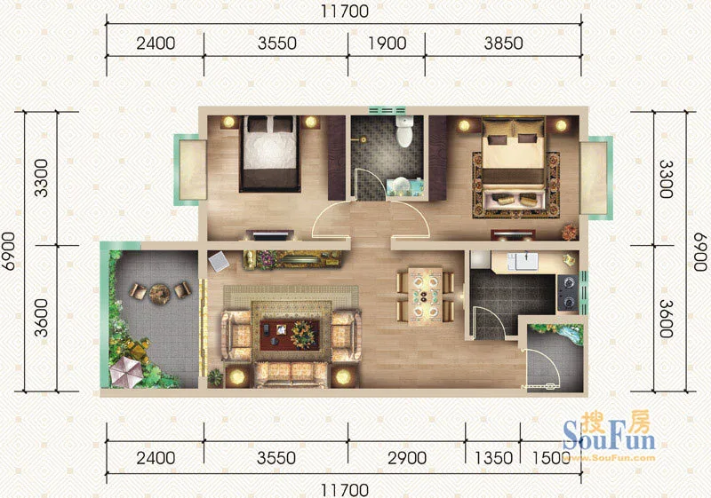 西城上域一期一批次A户型 2室2厅1卫1厨 86.08㎡