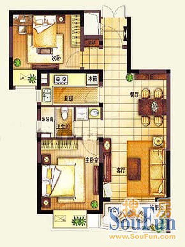 亚东观云国际公寓2、4号楼标准层A1户型 2室2厅1卫1厨 79.00㎡