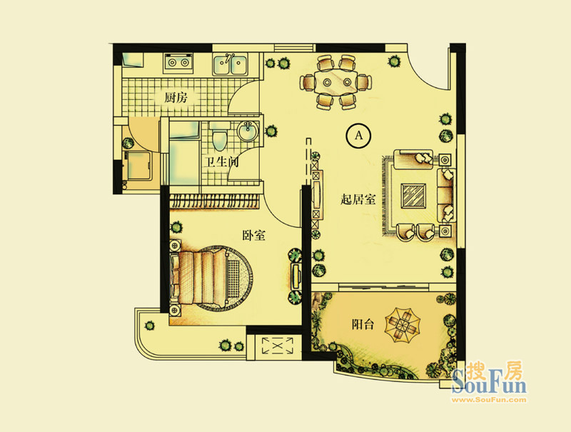 颐景名苑A户型 1室1厅1卫1厨 64.00㎡