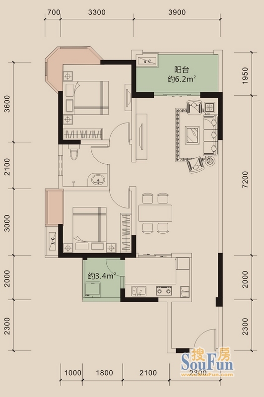 洛森堡新殿二期一期18、19号楼标准层a1 户型 2室2厅1卫1厨 88.00㎡