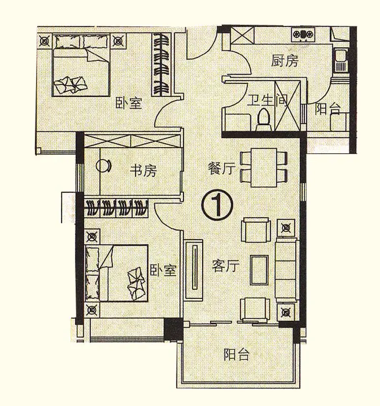 华景里A栋01户型 3室2厅1卫1厨 103.00㎡