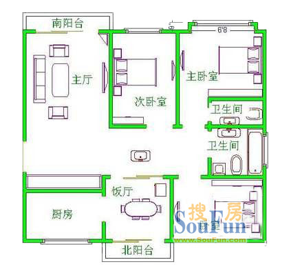 天意洲家园户型图 3室2厅2卫1厨 0.00㎡