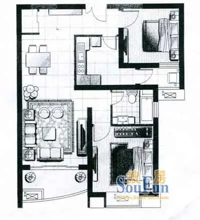 世博花园上海 馥敦坊 2室 户型图 2室2厅1卫1厨 0.00㎡
