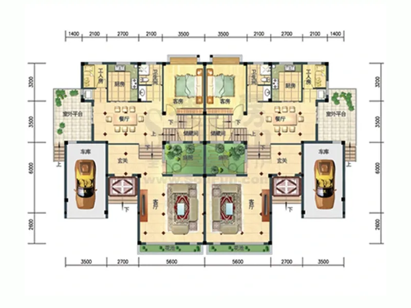三木水岸君山户型图_双拼别墅h型