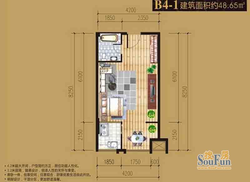 朱雀七星国际公寓B4-1#一室一厅一厨一卫48.65平米 1室1厅1卫1厨 48.65㎡