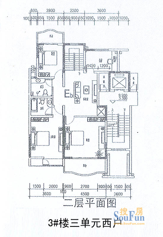 华浮宫桂园三单元西户二层平面图 3室2厅2卫1厨 124.00㎡