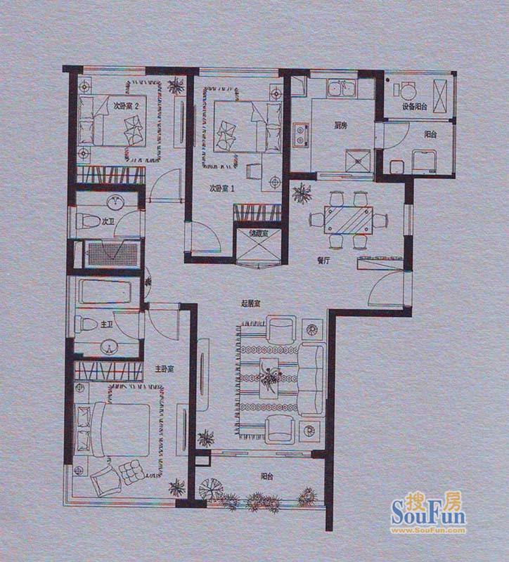 仁恒双湖湾小区一期高层1、3、5、7、8#标准层D1户型 3室2厅2卫1厨 135.00㎡
