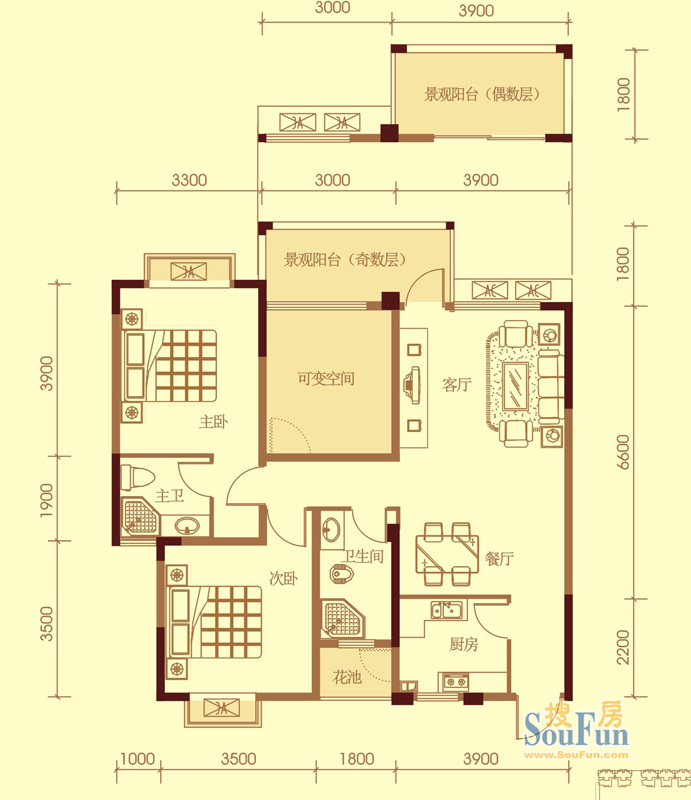 尚林花园一期3#楼标准层B2-1户型（ ） 2室2厅2卫0厨 91.99㎡
