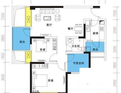 锦江城市花园三期户型图 2室2厅1卫1厨 59.00㎡