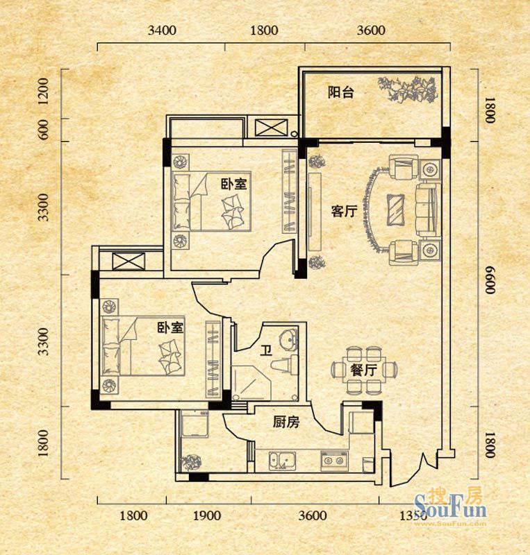泽瑞琥珀居一期1/3/5栋标准层B1户型 2室2厅1卫1厨 64.62㎡
