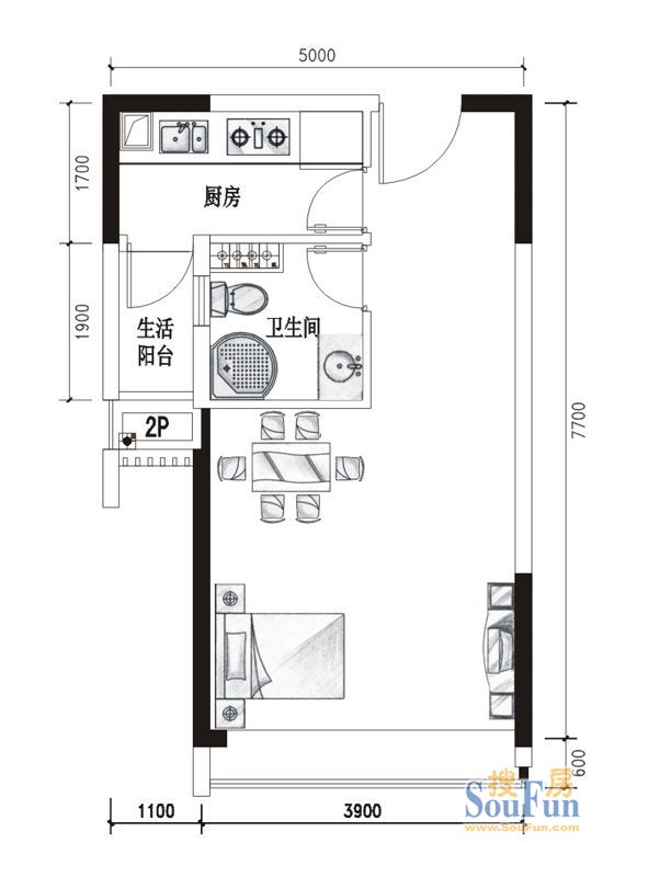 ICON尚郡一期5栋标准层A1户型 1室1厅1卫1厨 44.87㎡