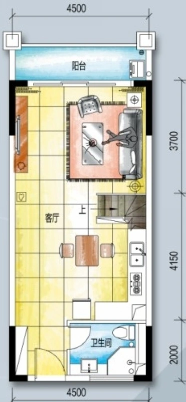 敏捷领航公馆C户型下层图 1室2厅2卫1厨 58.00㎡