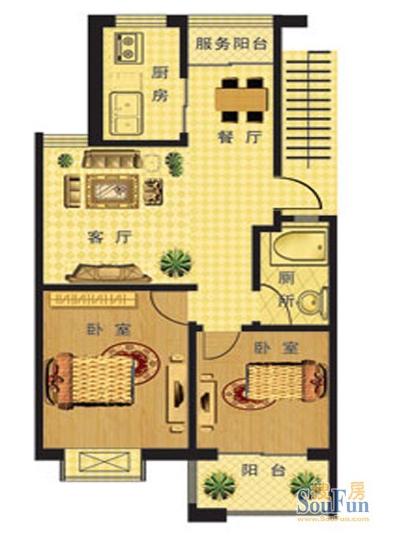 锦绣庄园a户型 2室2厅1卫1厨 105.00㎡