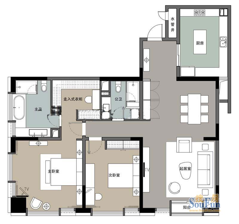 菲呢克斯国际公寓1期1幢2-23层A1户型 2室2厅1卫1厨 184.32㎡