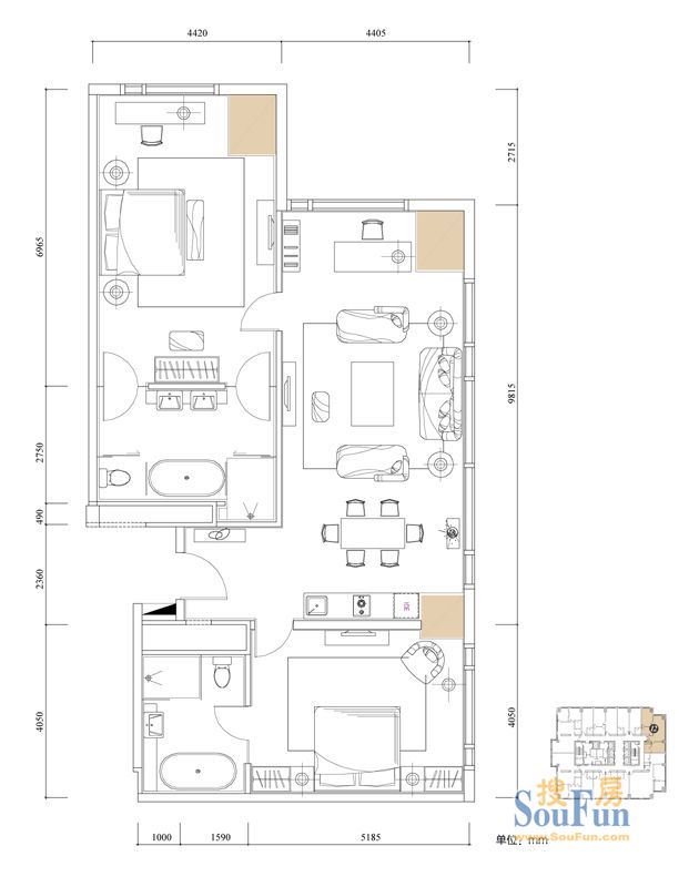 国汇中心铂金公寓一期单体楼34-54层E户型 2室2厅2卫1厨 183.99㎡