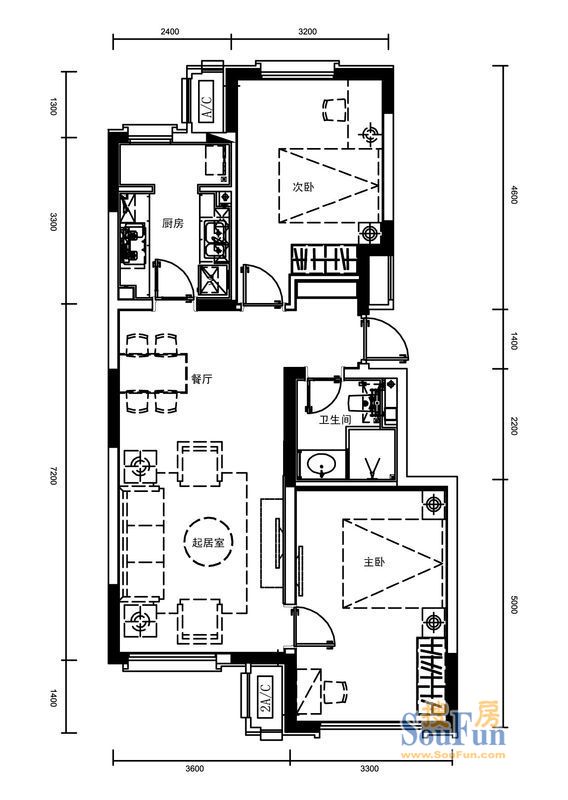 东丽湖万科城鹭湖洋房标准层两室户型 2室2厅1卫1厨 90.00㎡