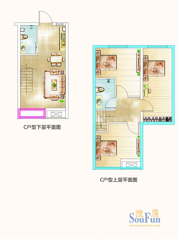 枫景国际公寓1#楼C户型 3室2厅2卫1厨 36.00㎡