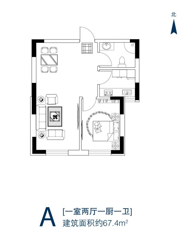 天富御苑A户型 1室2厅1卫1厨 67.40㎡