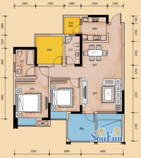 澳洲湾三期17-19号楼标准层E1户型（ ） 2室2厅2卫1厨 96.00㎡