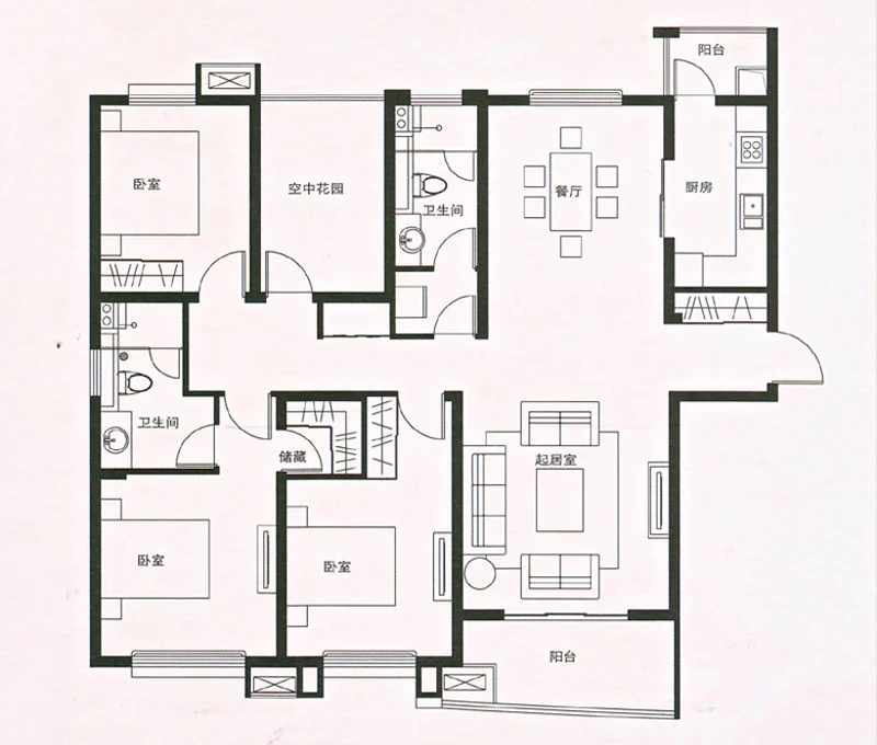 首开班芙春天二期5#高层标准层E1户型 3室2厅2卫1厨 162.00㎡