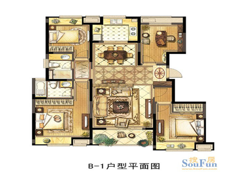 鹏润伊顿公馆b-1户型 3室2厅2卫1厨140.90