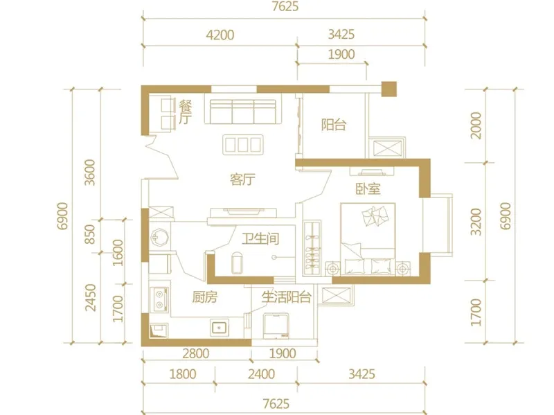汇厦少城一期1号楼2-39层A1户型（ ）&nbsp;1室2厅1卫1厨 51.04㎡